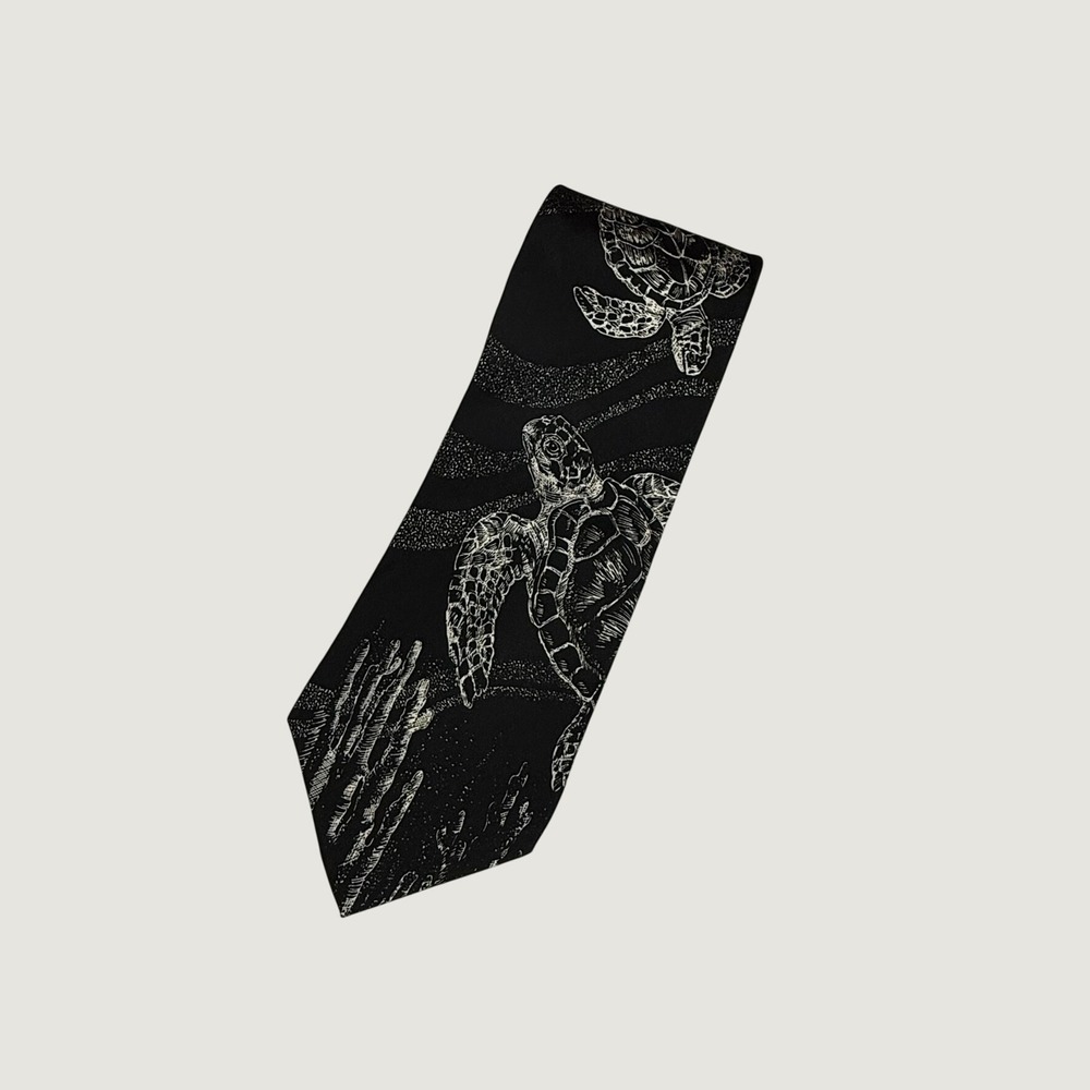 WWF World Wildlife Fund Sea Turtle Silk Crepe Tie Black White Vintage 1991 USA